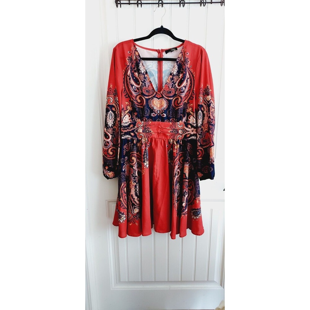 Suzanne Betro Women XL Dress Orange Navy Blue Paisley Boho Long Sleeve Flare